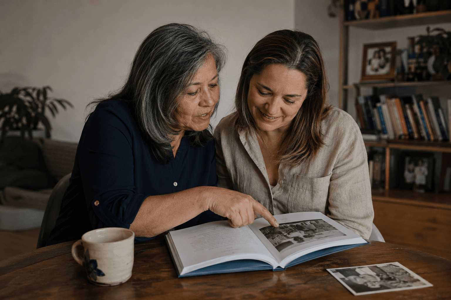 Dos mujeres compartiendo y leyendo juntas una historia familiar